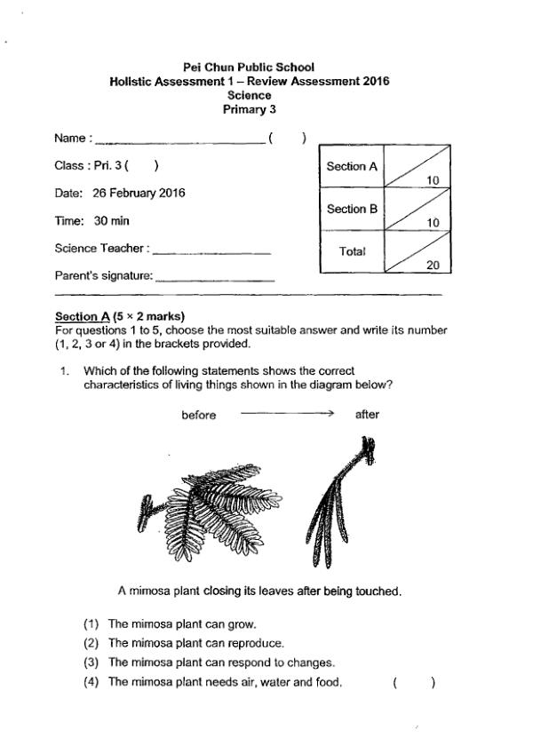 Pei Chun P3 Sci WA1 2016 exam paper PDF preview