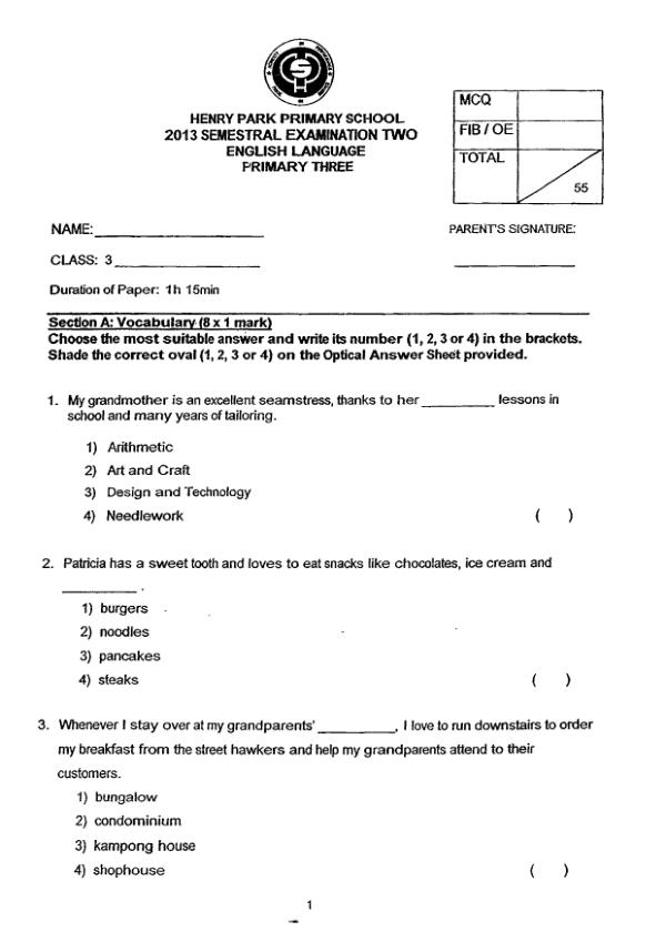 Henry Park P3 Eng SA2 2013 exam paper PDF first page preview