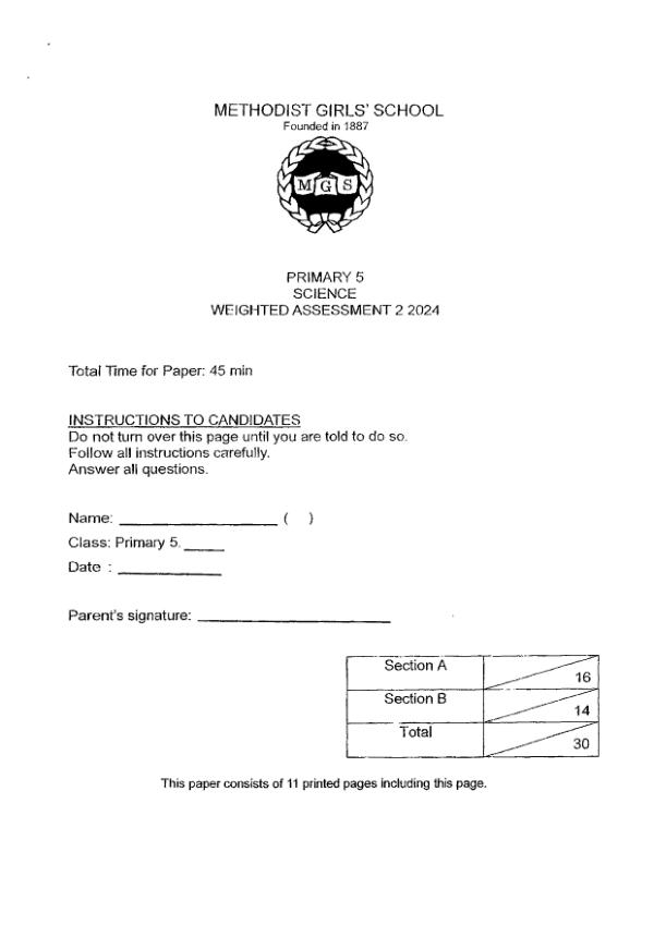 First page preview of P5 Sci 2024 WA2 — Methodist Girls