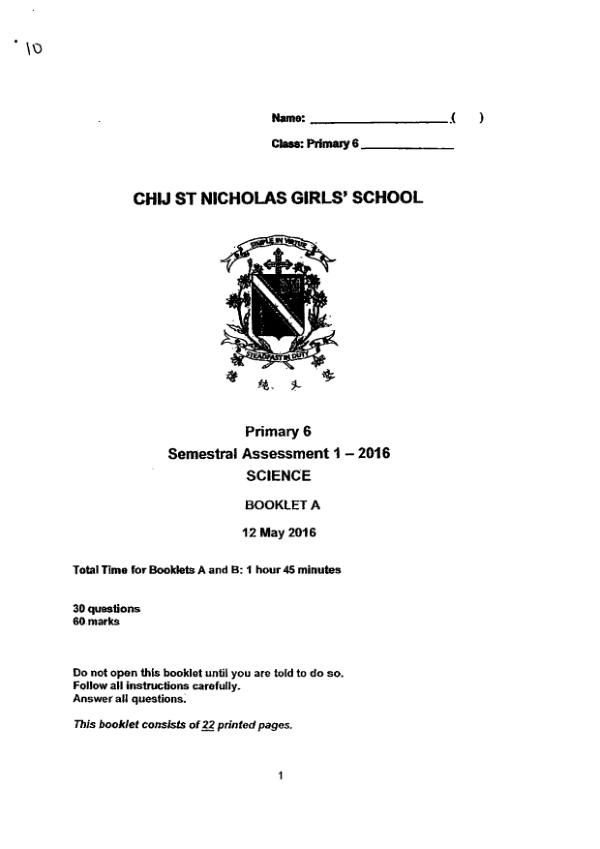 CHIJ P6 Sci WA2 2016 exam paper PDF preview