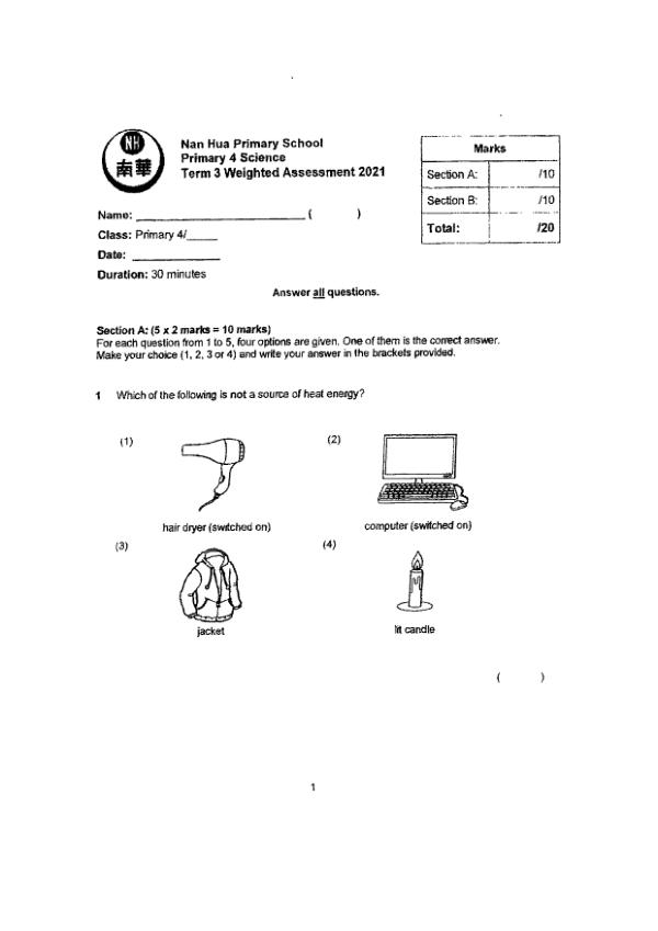 Nan Hua P4 Sci WA3 2021 exam paper PDF preview
