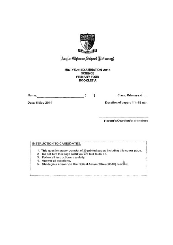 Anglo Chinese P4 Sci WA2 2014 exam paper PDF preview