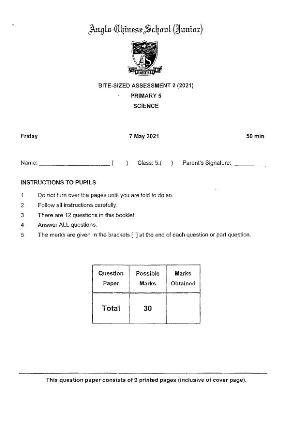 Anglo Chinese P5 Sci WA2 2021 exam paper PDF first page preview