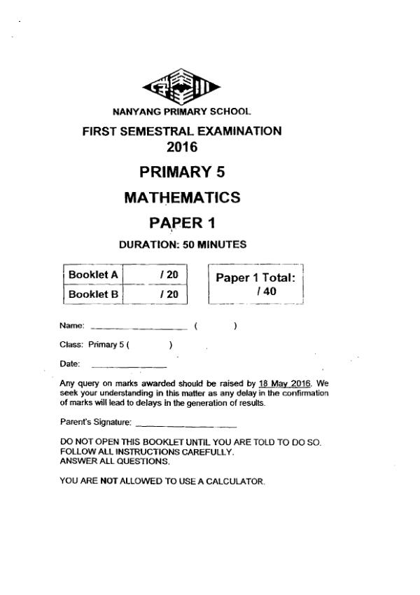 First page preview of P5 Math 2016 WA2 — Nanyang