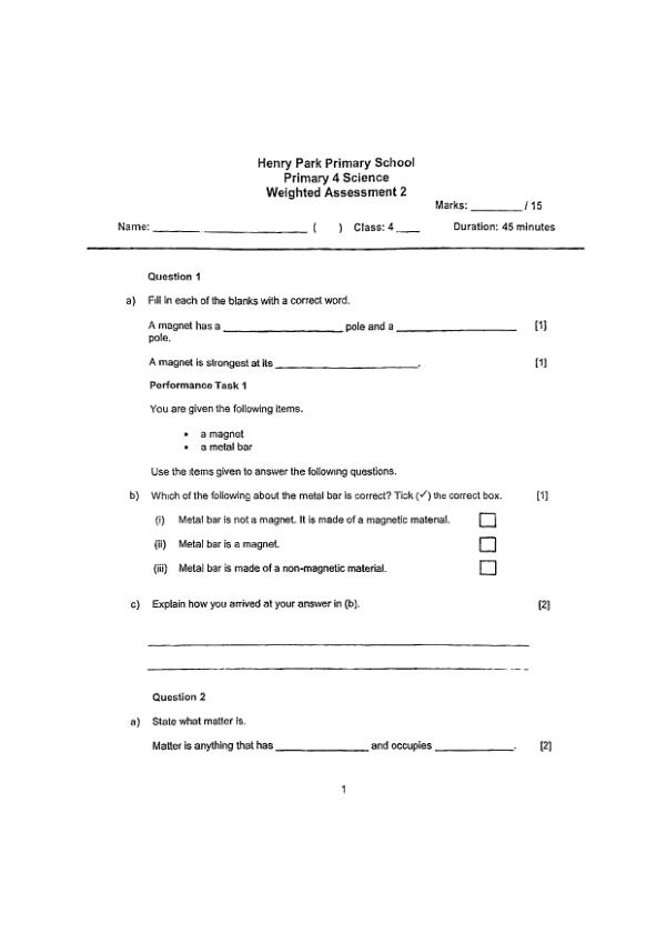 First page preview of P4 Sci 2025 WA2 — Henry Park