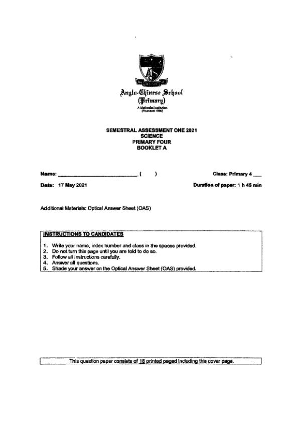 Anglo Chinese P4 Sci WA2 2021 exam paper PDF first page preview