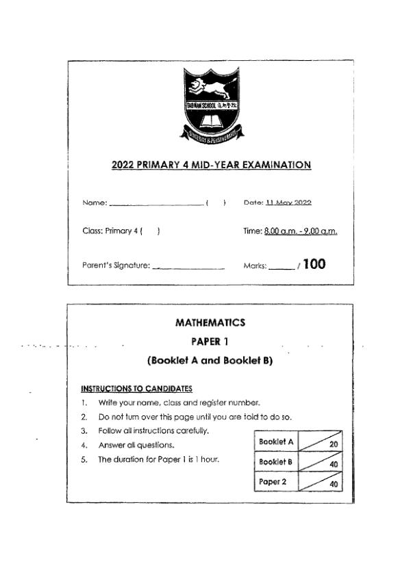 First page preview of P4 Math 2022 WA2 — Tao Nan