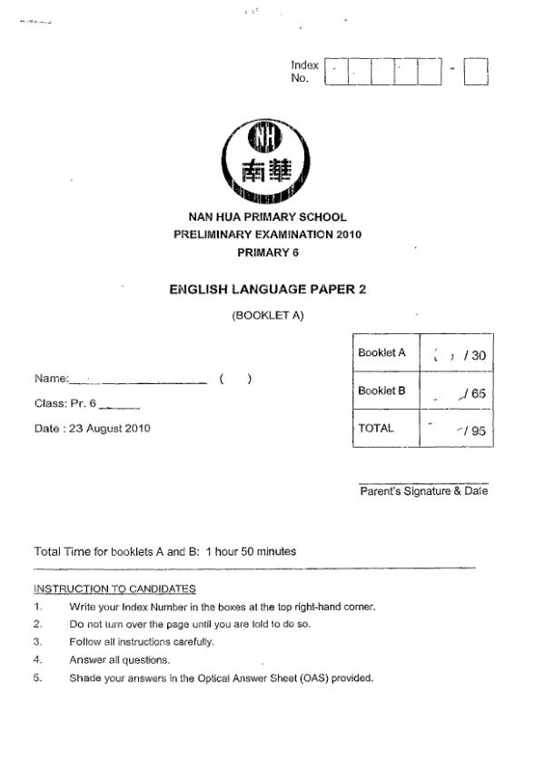Nan Hua P6 Eng SA2 2010 exam paper PDF preview