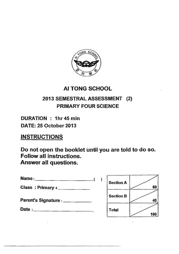 Ai Tong P4 Sci SA2 2013 exam paper PDF preview