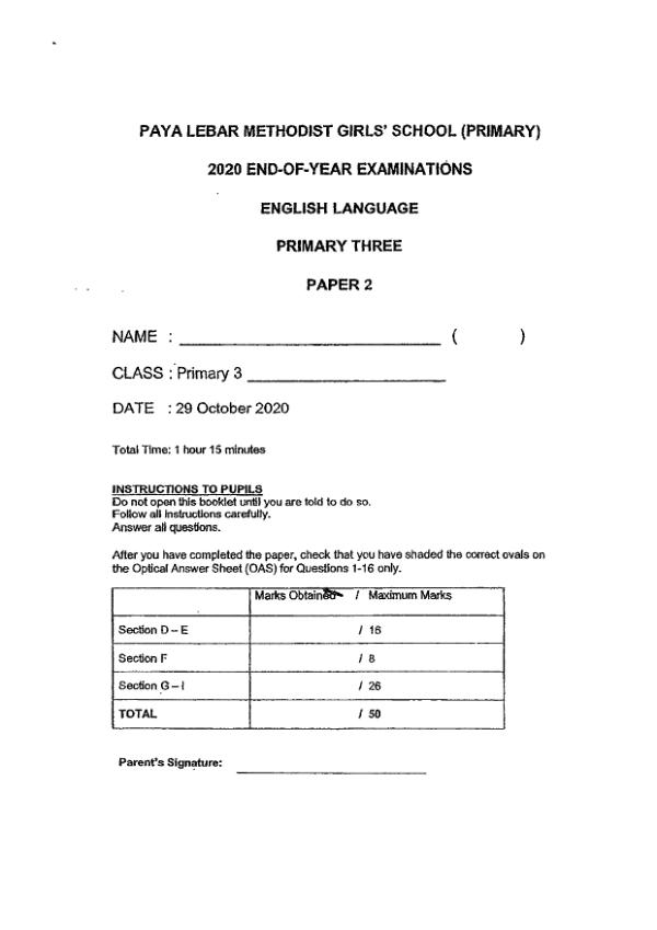 Methodist Girls P3 Eng SA2 2020 exam paper PDF first page preview