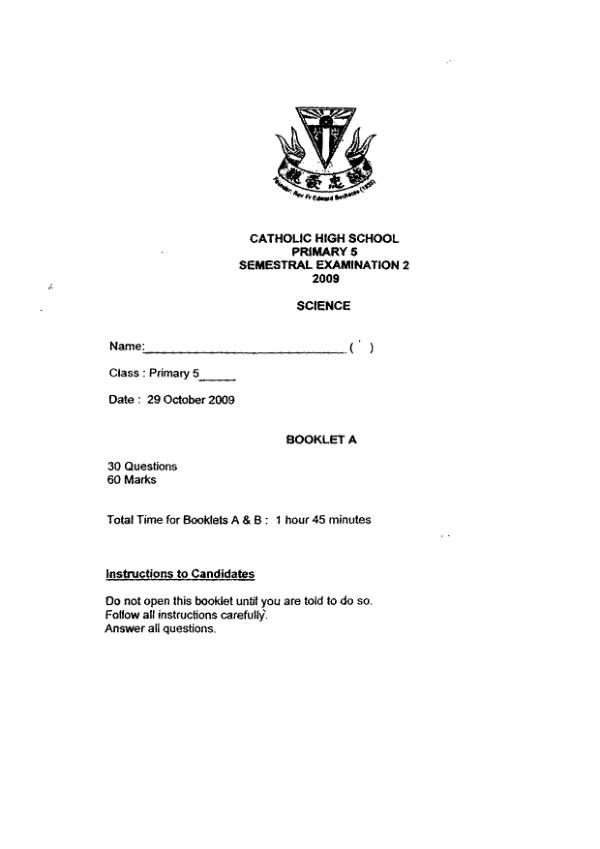 Catholic High P5 Sci SA2 2009 exam paper PDF preview