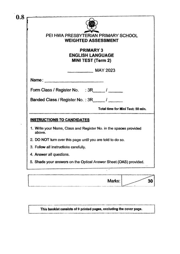 Pei Hwa P3 Eng WA1 2023 exam paper PDF first page preview