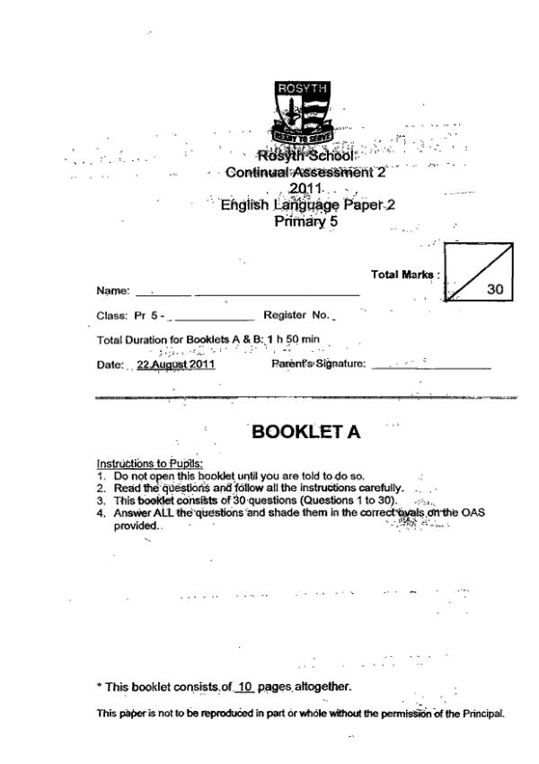 Rosyth P5 Eng WA3 2011 exam paper PDF preview
