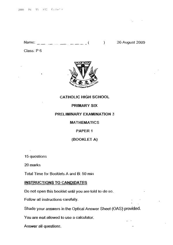 Catholic High P6 Math SA2 2009 exam paper PDF preview