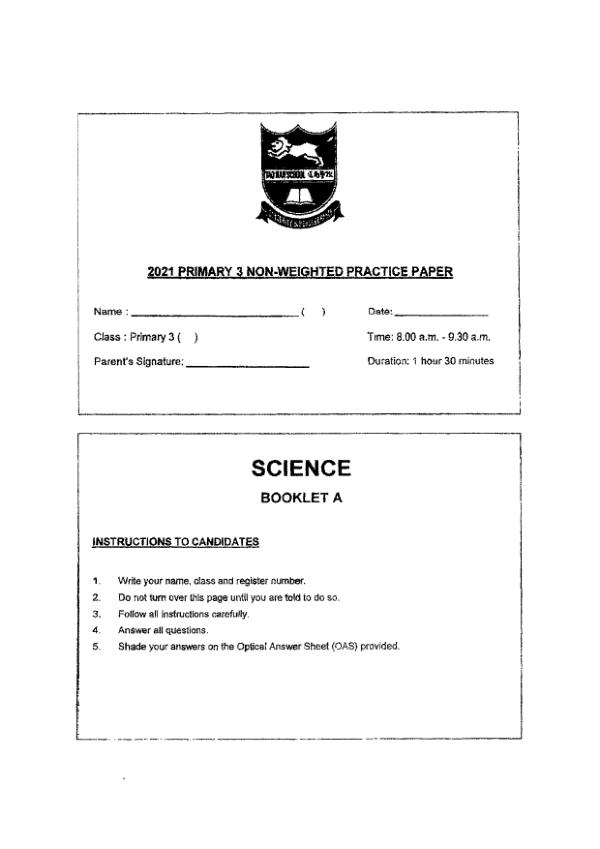 Tao Nan P3 Sci WA2 2021 exam paper PDF preview
