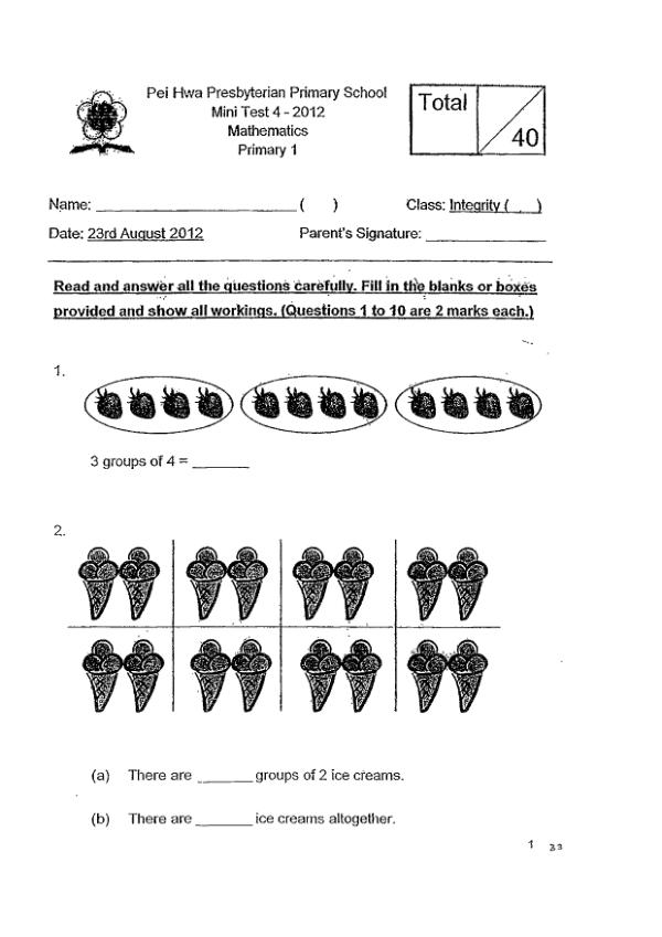 Pei Hwa P1 Math WA3 2012 exam paper PDF first page preview