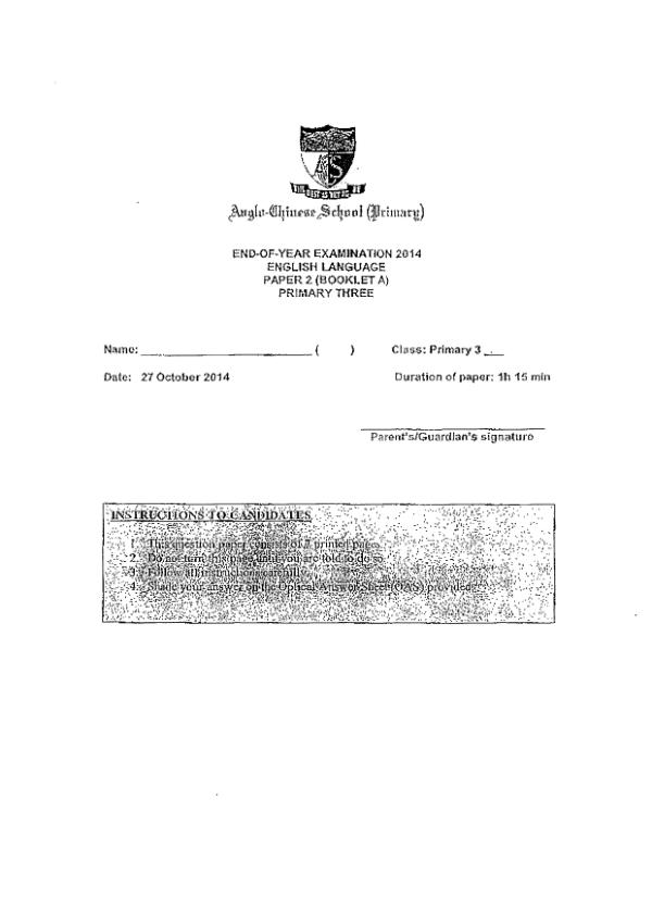 Anglo Chinese P3 Eng SA2 2014 exam paper PDF first page preview