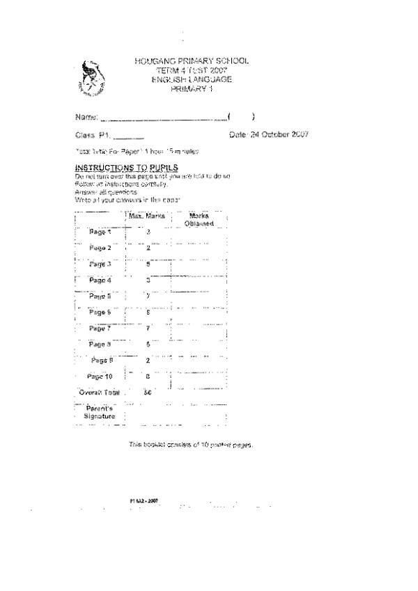 Hougang P1 Eng SA2 2007 exam paper PDF preview