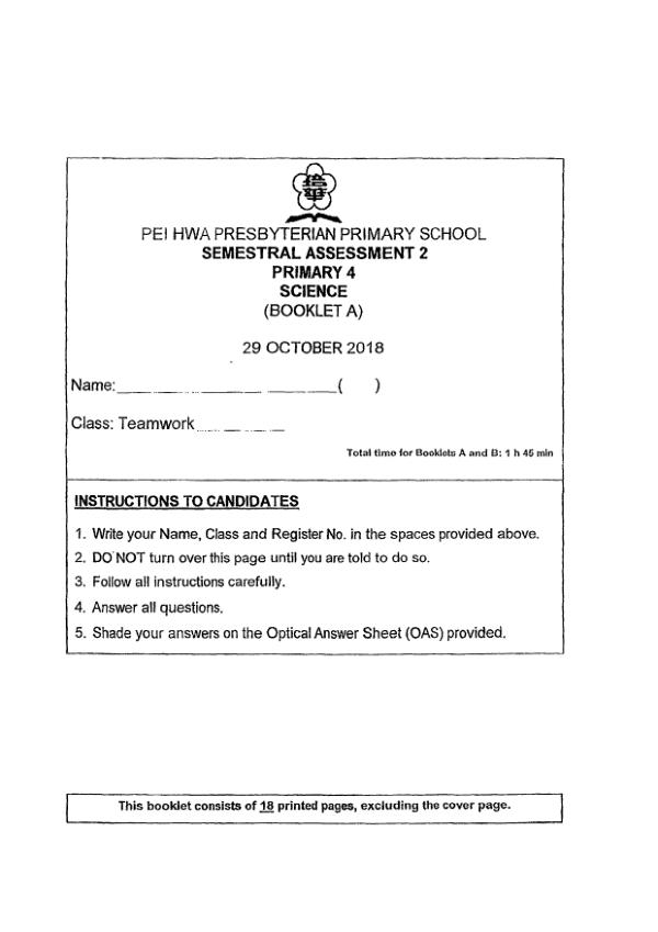 Pei Hwa P4 Sci SA2 2018 exam paper PDF preview