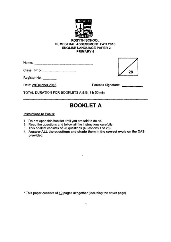 Rosyth P5 Eng SA2 2015 exam paper PDF preview