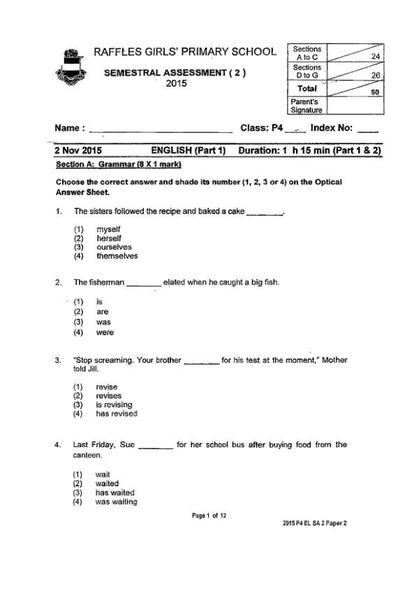 Raffles Girls P4 Eng SA2 2015 exam paper PDF first page preview