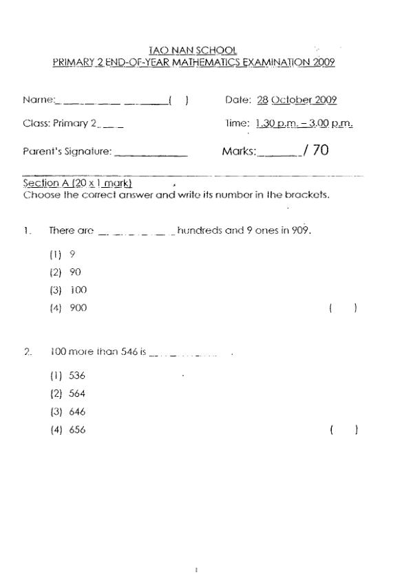 Tao Nan P2 Math SA2 2009 exam paper PDF preview