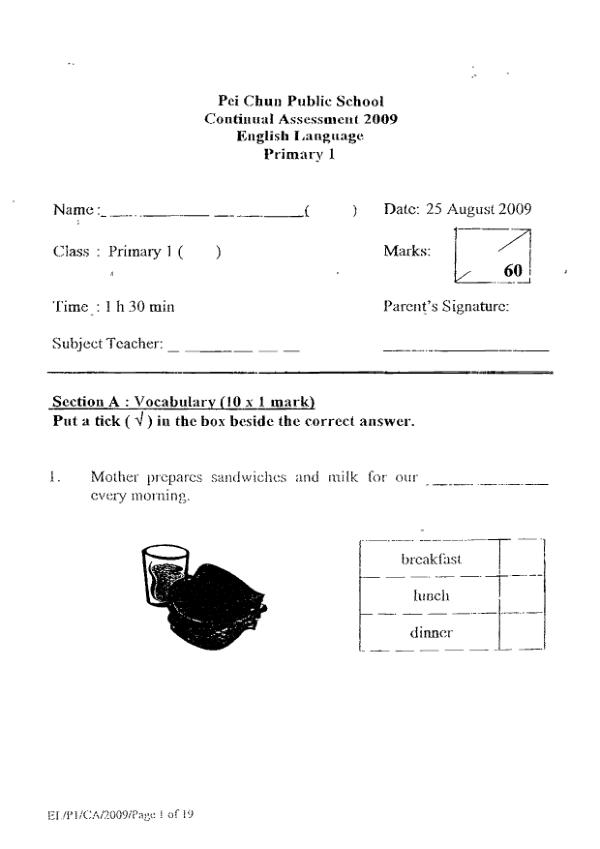 Pei Chun P1 Eng WA3 2009 exam paper PDF preview
