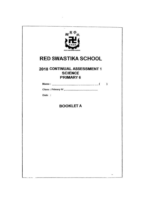 Red Swastika P6 Sci WA1 2018 exam paper PDF first page preview