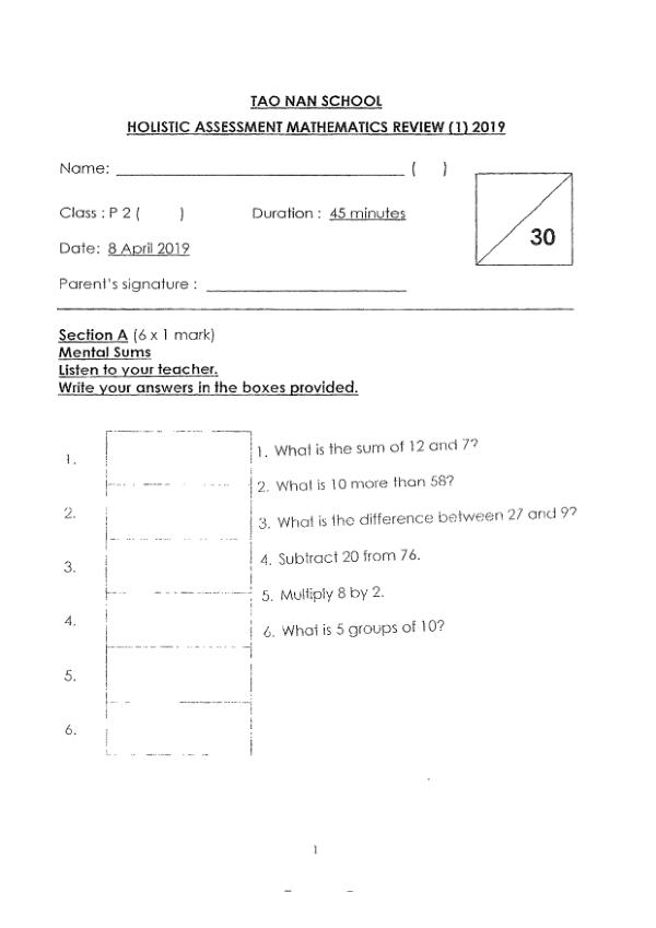 First page preview of P2 Math 2019 WA2 — Tao Nan
