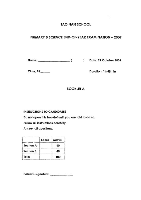Tao Nan P5 Sci SA2 2009 exam paper PDF first page preview