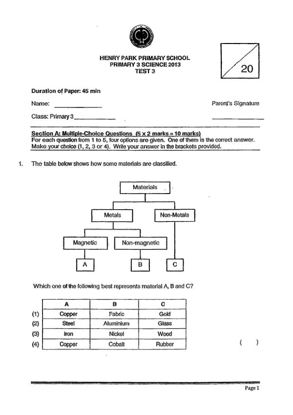 Henry Park P3 Sci WA3 2013 exam paper PDF preview