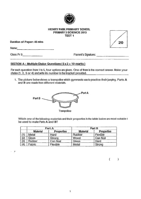 Henry Park P3 Sci WA1 2013 exam paper PDF preview