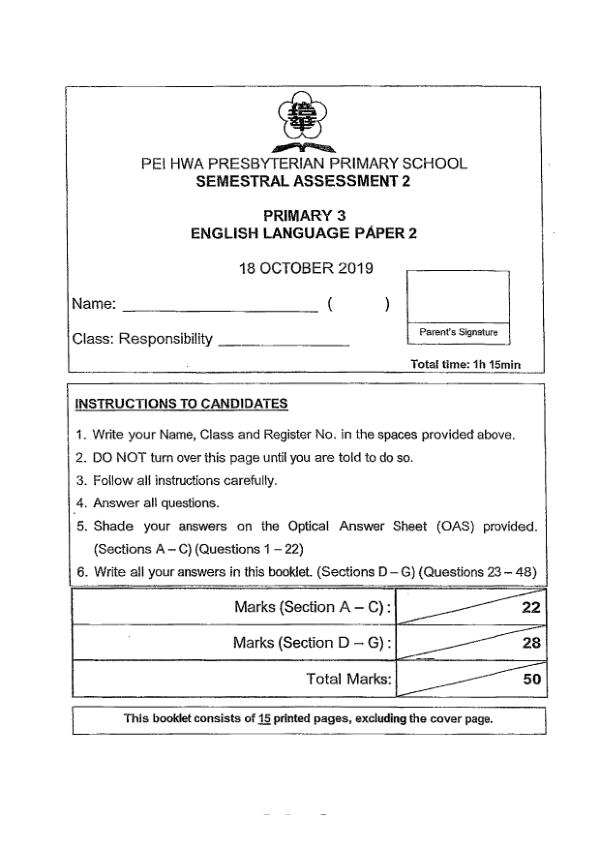 Pei Hwa P3 Eng SA2 2019 exam paper PDF preview
