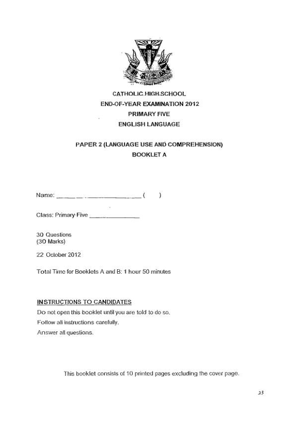 Catholic High P5 Eng SA2 2012 exam paper PDF preview