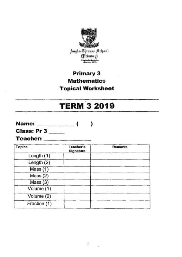 First page preview of P3 Math 2019 WA2 — Anglo Chinese