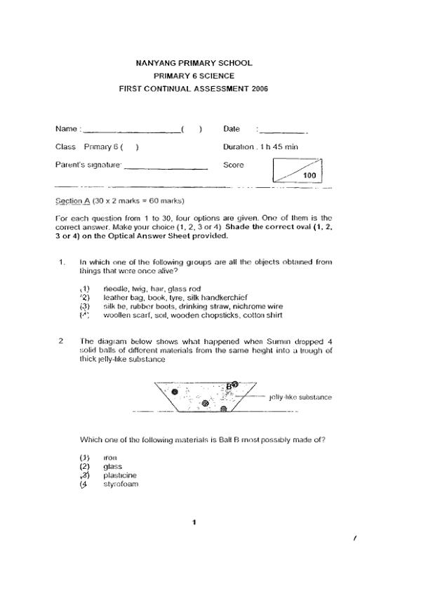 Nanyang P6 Sci WA1 2006 exam paper PDF preview