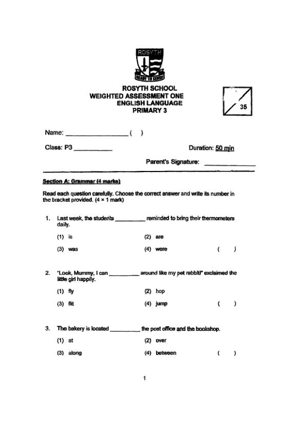 Rosyth P3 Eng WA1 2022 exam paper PDF first page preview