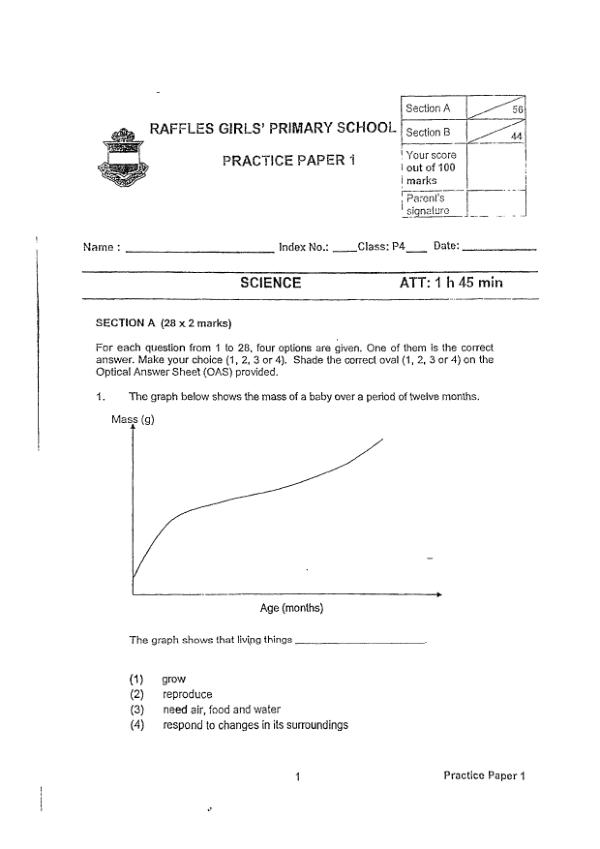 Raffles Girls P4 Sci WA1 2022 exam paper PDF preview
