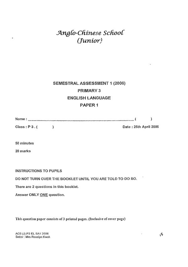 Anglo Chinese P3 Eng WA2 2006 exam paper PDF first page preview