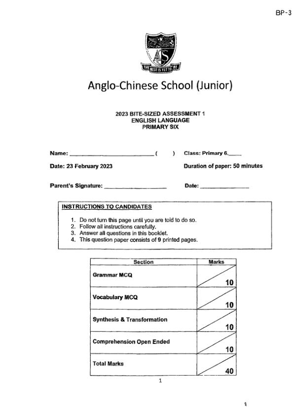 First page preview of P6 Eng 2023 WA1 — Anglo Chinese