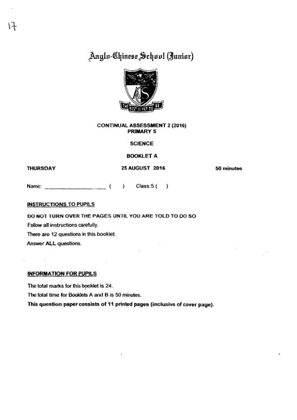 Anglo Chinese P5 Sci WA3 2016 exam paper PDF preview