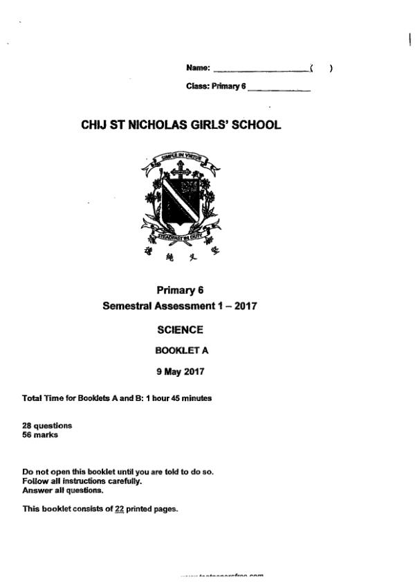 CHIJ P6 Sci WA2 2017 exam paper PDF first page preview