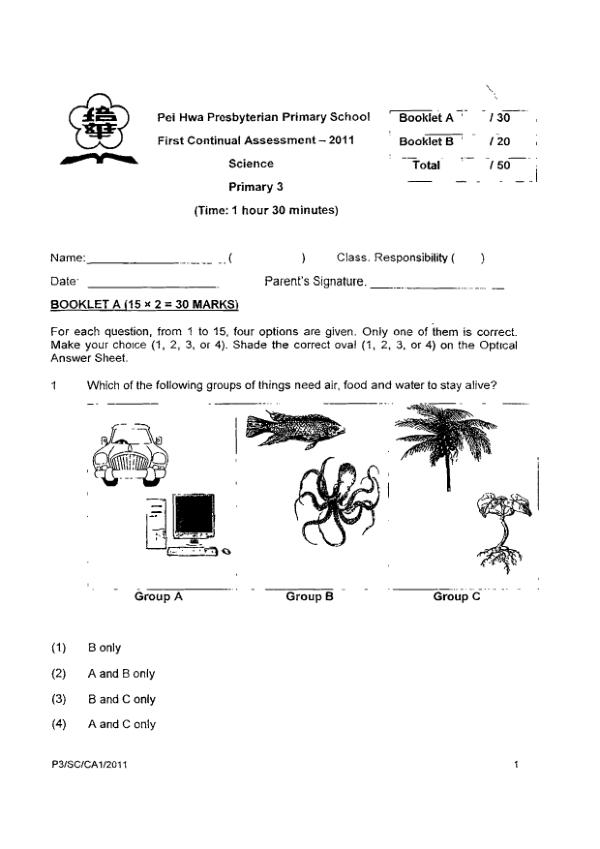 Pei Hwa P3 Sci WA1 2011 exam paper PDF preview