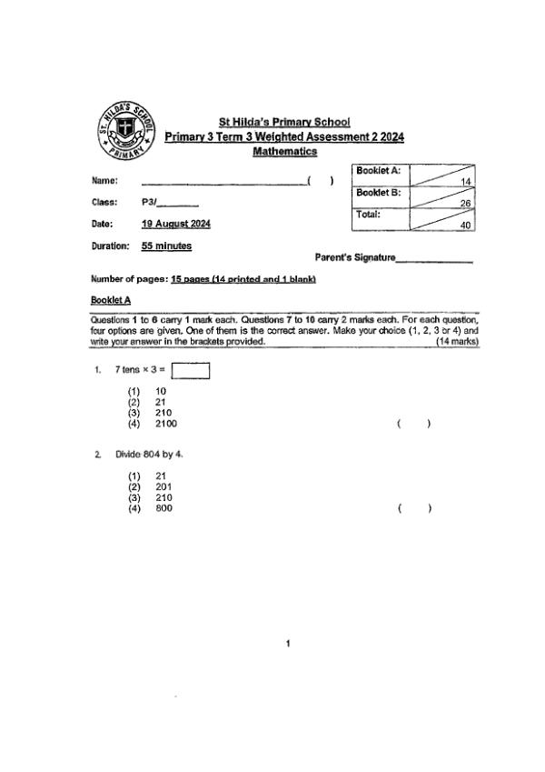 First page preview of P3 Math 2024 WA2 — St Hildas