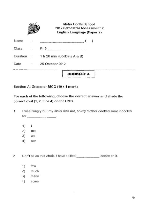 Maha Bodhi P3 Eng SA2 2012 exam paper PDF preview