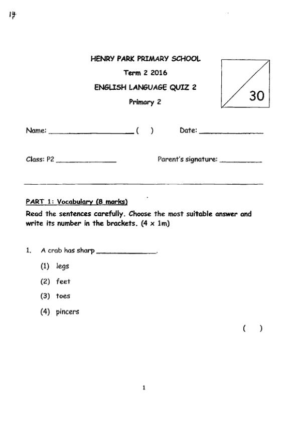 Henry Park P2 Eng WA2 2016 exam paper PDF first page preview