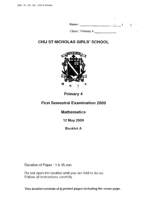 CHIJ P4 Math WA2 2009 exam paper PDF first page preview