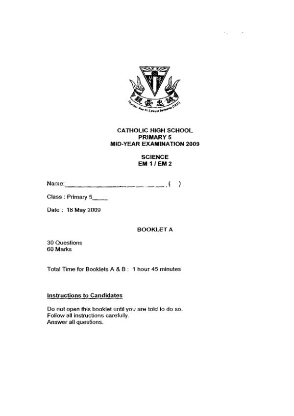 Catholic High P5 Sci WA2 2009 exam paper PDF preview