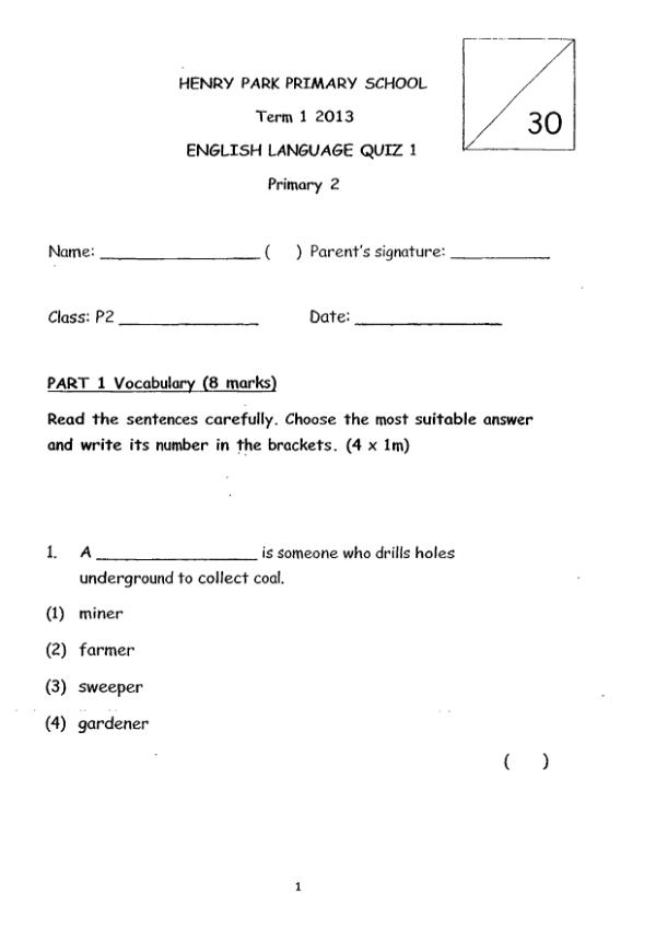 Henry Park P2 Eng WA1 2013 exam paper PDF preview