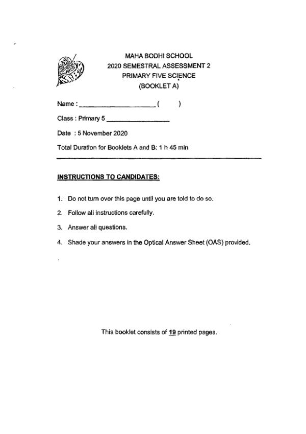 Maha Bodhi P5 Sci SA2 2020 exam paper PDF first page preview